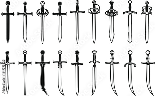 Set of Medieval and Fantasy Swords Vector Icons, Featuring Various Blade and Hilt Designs, Representing Weaponry, Combat, and Historical War.