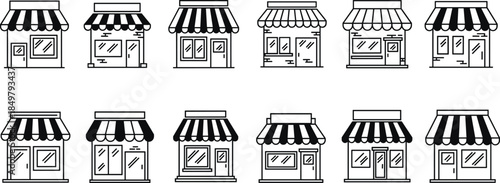 Set of minimal line art store and shop icons with awnings, representing small business, e-commerce, retail, and marketplace concepts. Simple vector graphic for web and mobile interface design project