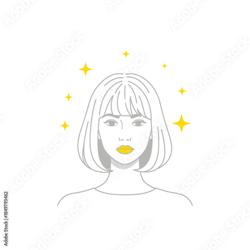 Minimalist vector illustration of a radiant young woman with a chic bob hairstyle and sparkling stars, symbolizing beauty, glow, and contemporary elegance with a touch of youthful charm