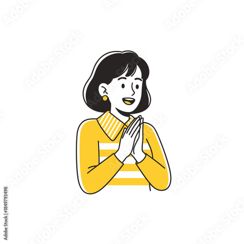 A smiling woman with short dark hair wearing a yellow striped sweater, with her hands clasped in front of her chest, expressing gratitude or anticipation