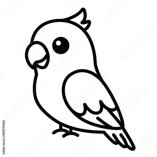 Cute cartoon parrot cockatiel bird silhouette icon isolated on white background for mascot or coloring book design.