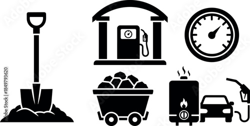 Black silhouette icons of shovel digging coal gas station timer car fuel pump cart with coal and boiler flame
