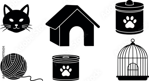Black and white minimalist cat icons including cat face, yarn ball, dog house, food cans, and bird cage vector set