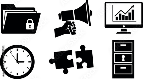 Black minimalistic icons of locked folder, megaphone, computer graph, clock, puzzle pieces, and filing cabinet set