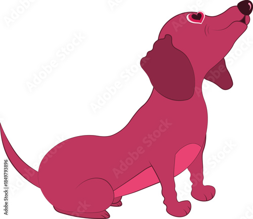 Sweet vector cartoon of a magenta dachshund dog sitting and looking up with a romantic heart-shaped eye, perfect for Valentine's Day or love-themed pet graphics.