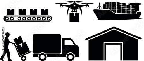 Black silhouette cargo shipping supply chain icons warehouse loading truck drone conveyor belt container ship transportation logistics