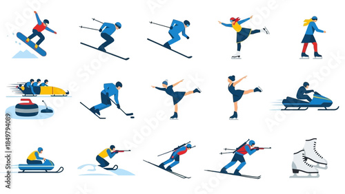 Skiers and Snowboarders in Various Poses.
