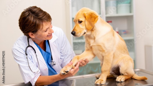 vet holding puppys paw during attentive exam with soft indoor lighting