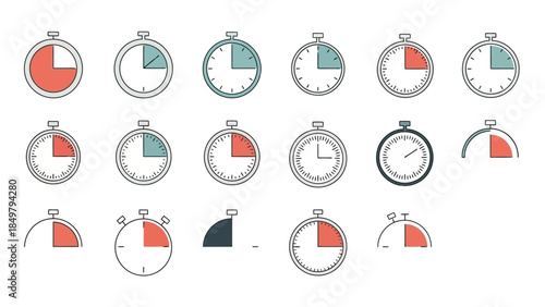 Collection of Stopwatch Icons in Various States.