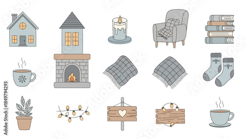 Cozy Winter Home Elements Set Illustration.