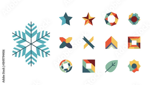 Colorful Snowflake and Geometric Shapes Illustration.
