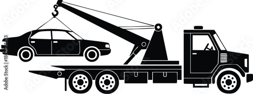 Roadside Assistance Recovery Vehicle, Towing truck lifting car silhouette, silhouette, illustration, vector