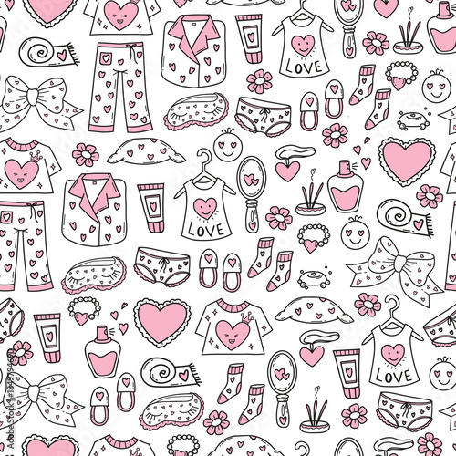 Seamless Outline Loungewear and Accessories Doodle Pattern. Romantic Girly Fashion Pajamas Repeating Background. Valentines Coloring Template