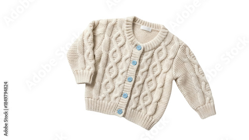 Isolated cream knitted cardigan with braid pattern and light blue buttons, stylish apparel