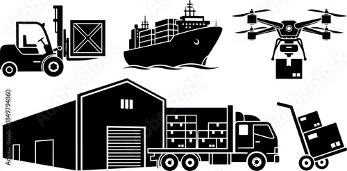 Black silhouette logistics icons with forklift, cargo ship, warehouse, delivery truck, drone carrying package and hand truck in flat design