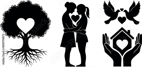 Silhouette couple hugging with heart symbol and love tree with roots and hands holding heart love icon vector set