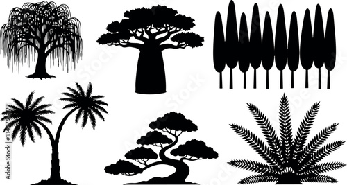 Black silhouette collection of various tree types including willow palm baobab and cypress in flat vector style