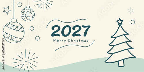 2027 Merry Christmas Illustration | Minimal Line‑Art Tree & Ornament Holiday Design | Modern Seasonal Artwork for Cards, Prints & Digital Greetings