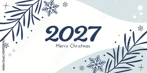 2027 Merry Christmas Illustration | Elegant Winter Holiday Artwork with Pine Branches & Snowflakes | Modern Seasonal Design for Cards, Prints & Digital Greetings