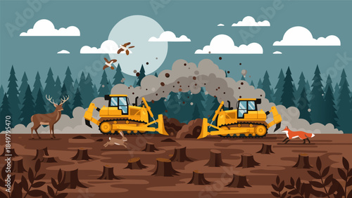 Bulldozers clear a forest, leaving stumps and dust; animals flee. A vivid illustration of deforestation's severe environmental impact