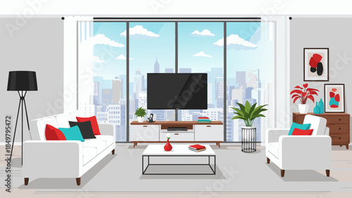 Contemporary living room interior design with modern furniture, vibrant accents, and a breathtaking city skyline view, presented as a clean vector illustration