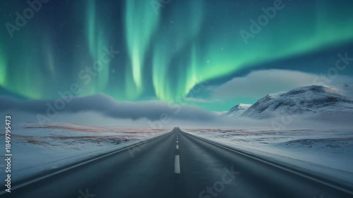 Scenic road to aurora borealis display in snowy winter landscape northern lights adventure