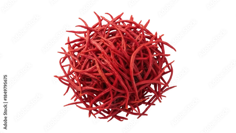 Naklejka premium Isolated heap of red saffron threads, spice, dried stigmas, flavor and aroma essence