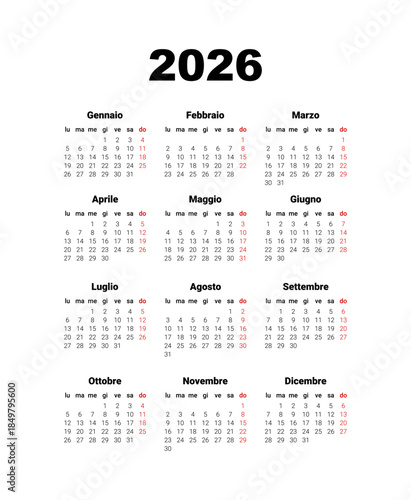 2026 Calendar in Italian. Full months for wall calendar, isolated wall background. Calendar template for Italy start from Monday
