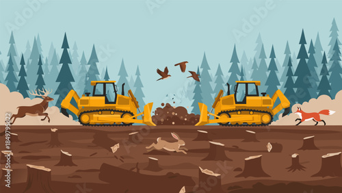 Heavy machinery causes widespread deforestation, destroying natural habitats and forcing wildlife to flee, illustrating a critical environmental crisis