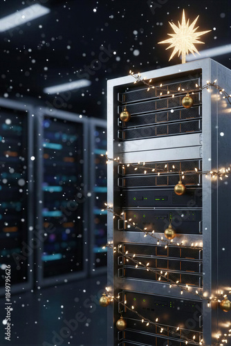 Holiday decorations on a server rack inside a data center during the festive season at night