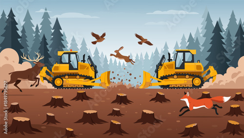 Industrial bulldozers devastate natural forest habitats, causing widespread environmental destruction and forcing diverse wildlife to flee for survival