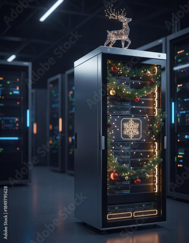 Christmas decorations on data server rack in server room during holiday season at night, lights, xmas tree balls, glowing deer figurine on top