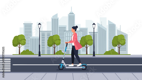 Professional woman commuting on an electric scooter in a vibrant city, highlighting urban mobility, green transport, and modern lifestyle