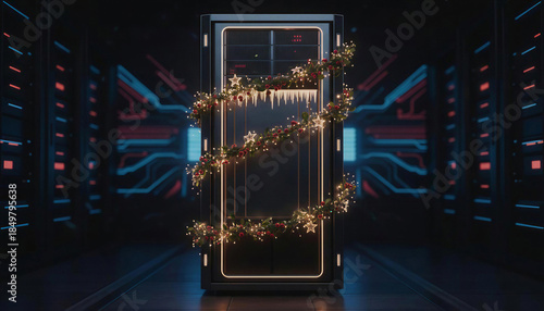 Server decorated with Christmas lights and garlands stands in a data center