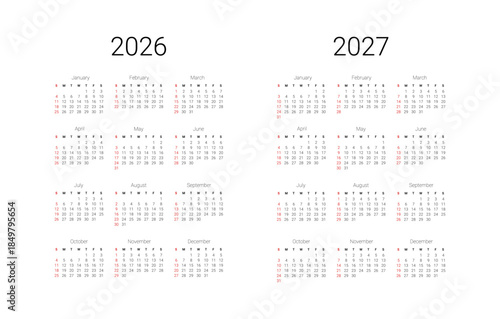 English 2026, 2027 calendar start from Sunday. Vector illustration design template for USA, Canada.