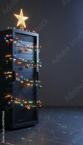 Computer server decorated with lights and ornaments for a holiday celebration, Christmas and New Year in tech industry