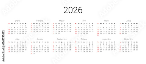 Vector illustration design template for wall background. Full months for wall calendar. Spanish 2026 calendar start from Sunday