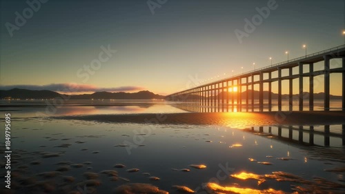 Serene golden hour at pier reflecting on tranquil ocean with mountain backdrop and streetlights