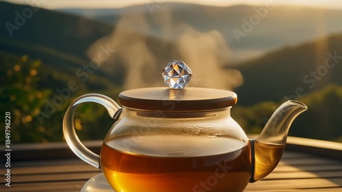 Steaming tea pot on wooden table with a scenic mountain view at sunrise creates cozy atmosphere