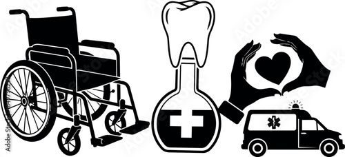 Black and white vector art medical wheelchair tooth care ambulance heart shaped hands support icon set