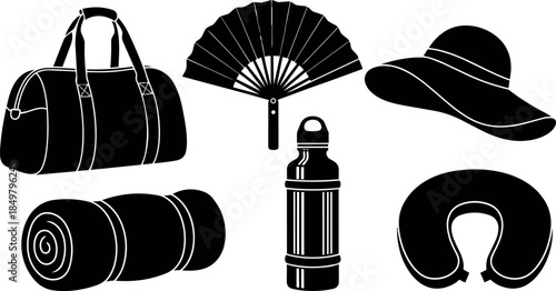 Black silhouette travel gear icons including handbag fan sunhat sleeping bag water bottle neck pillow set