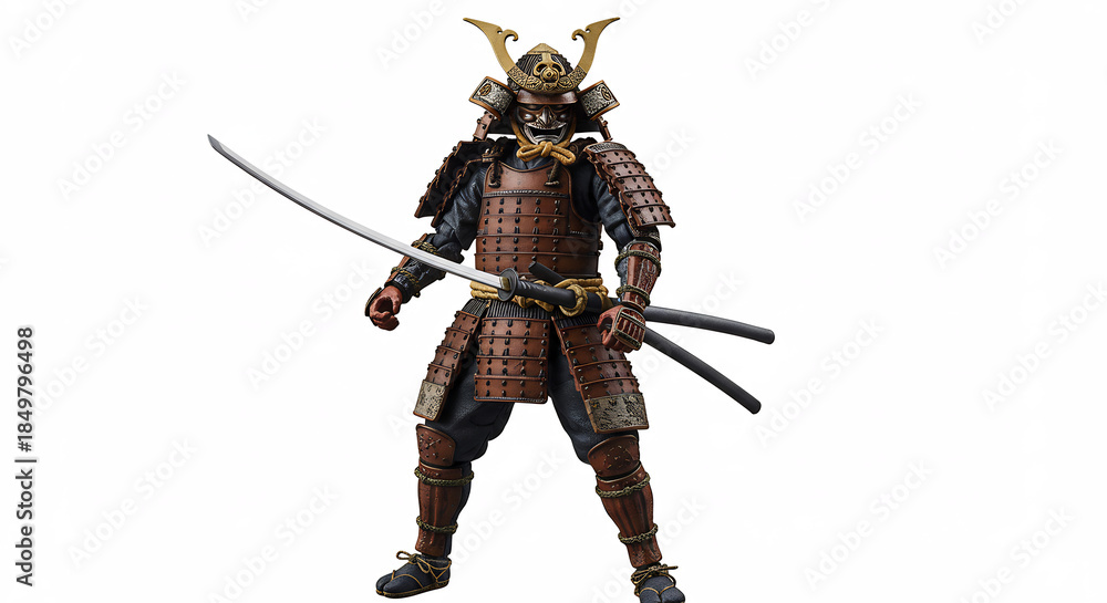 Naklejka premium Guerrier samoura� d�taill� en armure traditionnelle tient fi�rement son katana ancien sous une lumi�re vive. AI Generated