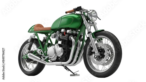 Bild auf Leinwand Isolated green cafe racer motorcycle featuring a brown leather seat on a display