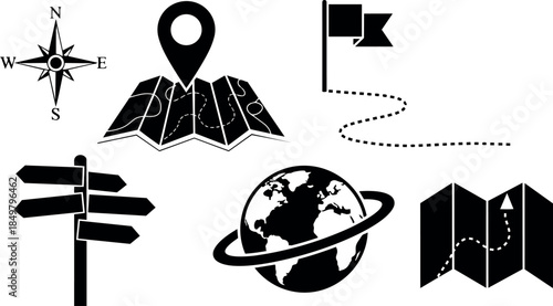 Black flat design travel icons set including compass globe map location pin with flag and directional signs