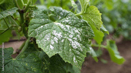 Closeup of a leaf affected by powdery mildew, showing white fungal growth. This common plant disease thrives in humid conditions. A reminder to monitor plants for signs of infection.