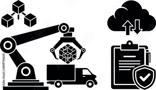 Black and white flat design robotic arm loading cubes onto truck with cloud storage upload and secure checklist illustration