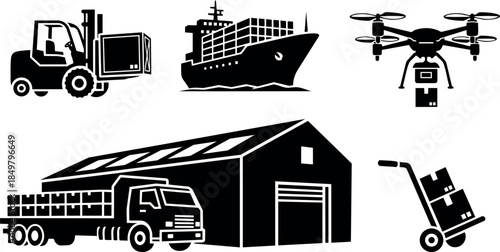 Black silhouette forklift cargo ship drone delivering package warehouse loading truck and hand truck icons vector illustration transport logistic set