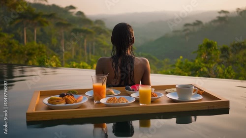 Woman enjoying breakfast in infinity pool overlooking lush green tropical landscape at sunrise golden hour