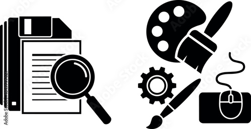 Black and white icon set magnifying glass on document and paintbrush palette with mouse and gear vector illustration