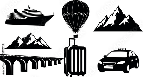 Black silhouette vector set featuring cruise ship, hot air balloon, mountain peaks, viaduct bridge, suitcase trolley, and taxi car icons